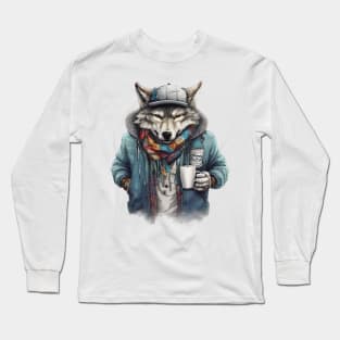 Wolf wearing a jacket holding a cup coffee Long Sleeve T-Shirt